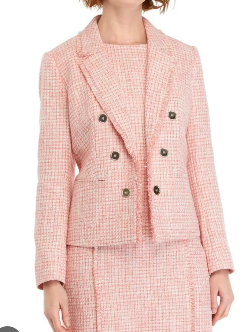 The Limited Pink Tweed Double-Breasted Blazer With Fringe Dress Combo Medium